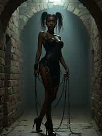 gothic woman, bound by chains and barbed wire in a dungeon, very tight corset, high heels