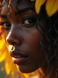 Close face shot of a woman with a sunflower in hair, summer season, moody scene,, intricate, sharp details, summer vibe, gorgeous scene by gaston bussiere, craig mullins, somber lighting, drawn by giacomo burattini, inspired by graphic novel cover art, hyperrealistic, 8 k by rhads