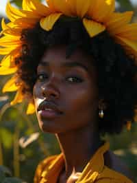 Close face shot of a woman with a sunflower in hair, summer season, moody scene,, intricate, sharp details, summer vibe, gorgeous scene by gaston bussiere, craig mullins, somber lighting, drawn by giacomo burattini, inspired by graphic novel cover art, hyperrealistic, 8 k by rhads