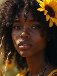 Close face shot of a woman with a sunflower in hair, summer season, moody scene,, intricate, sharp details, summer vibe, gorgeous scene by gaston bussiere, craig mullins, somber lighting, drawn by giacomo burattini, inspired by graphic novel cover art, hyperrealistic, 8 k by rhads