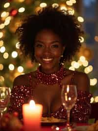 woman at Christmas dinner wearing Christmas style clothes. Christmas tree in background. Christmas lights