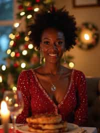 woman at Christmas dinner wearing Christmas style clothes. Christmas tree in background. Christmas lights