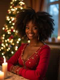 woman at Christmas dinner wearing Christmas style clothes. Christmas tree in background. Christmas lights