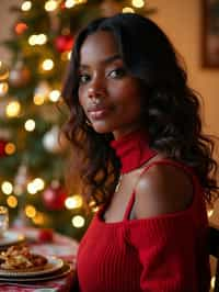 woman at Christmas dinner wearing Christmas style clothes. Christmas tree in background. Christmas lights