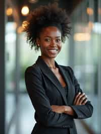 wide LinkedIn profile photo of a professional business woman as a confident professional business woman standing in a modern office. LinkedIn professional profile photo. most popular person on LinkedIn