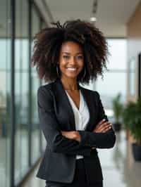 wide LinkedIn profile photo of a professional business woman as a confident professional business woman standing in a modern office. LinkedIn professional profile photo. most popular person on LinkedIn