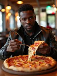 man sitting in a restaurant eating a large pizza