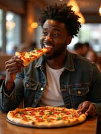 man sitting in a restaurant eating a large pizza