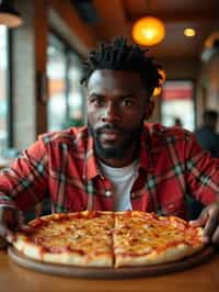 man sitting in a restaurant eating a large pizza