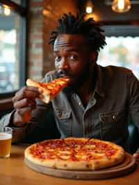 man sitting in a restaurant eating a large pizza