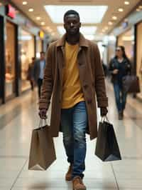 man walking in a shopping mall, holding shopping bags. shops in background