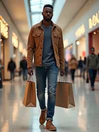 man walking in a shopping mall, holding shopping bags. shops in background