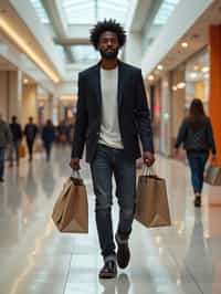 man walking in a shopping mall, holding shopping bags. shops in background