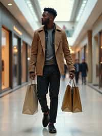 man walking in a shopping mall, holding shopping bags. shops in background