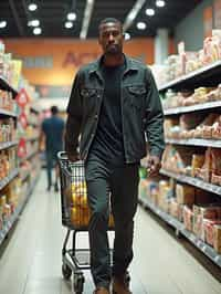 man in Supermarket walking with Shopping Cart in the Supermarket Aisle. Background of Supermarket