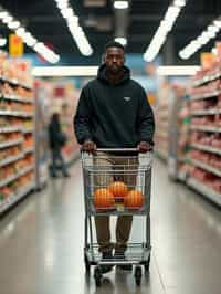 man in Supermarket walking with Shopping Cart in the Supermarket Aisle. Background of Supermarket