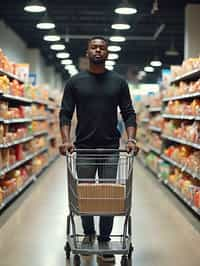 man in Supermarket walking with Shopping Cart in the Supermarket Aisle. Background of Supermarket