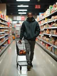 man in Supermarket walking with Shopping Cart in the Supermarket Aisle. Background of Supermarket