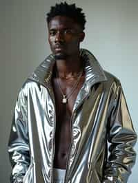 man in silver metallic style, wearing shiny metallic fashion