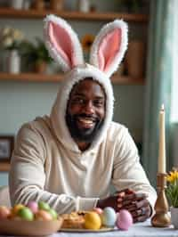 man dressed up for Easter with Easter Bunny Ears at the Easter Breakfast. Easter Eggs. Easter Bunny