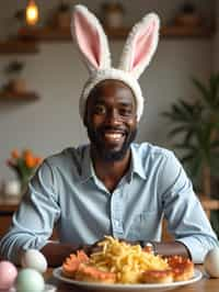 man dressed up for Easter with Easter Bunny Ears at the Easter Breakfast. Easter Eggs. Easter Bunny