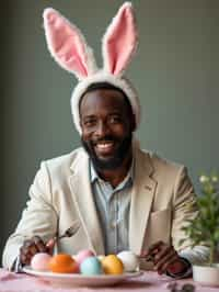 man dressed up for Easter with Easter Bunny Ears at the Easter Breakfast. Easter Eggs. Easter Bunny