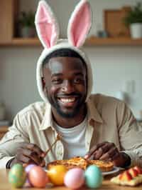 man dressed up for Easter with Easter Bunny Ears at the Easter Breakfast. Easter Eggs. Easter Bunny