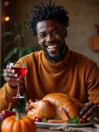 man celebrating Thanksgiving with cocktail and turkey meat in background