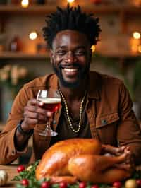 man celebrating Thanksgiving with cocktail and turkey meat in background