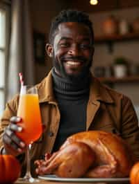 man celebrating Thanksgiving with cocktail and turkey meat in background