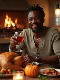 man celebrating Thanksgiving with cocktail and turkey meat in background