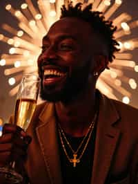 man celebrating New Year's Eve with champagne and Fireworks in background