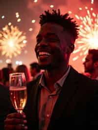 man celebrating New Year's Eve with champagne and Fireworks in background