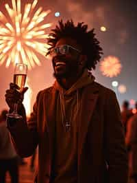 man celebrating New Year's Eve with champagne and Fireworks in background