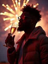 man celebrating New Year's Eve with champagne and Fireworks in background