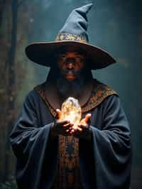 man as a Wizard with a Wizard robe and big hat, crystal magic, dramatic light