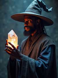 man as a Wizard with a Wizard robe and big hat, crystal magic, dramatic light