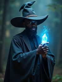 man as a Wizard with a Wizard robe and big hat, crystal magic, dramatic light