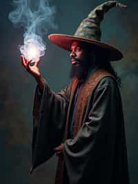 man as a Wizard with a Wizard robe and big hat, crystal magic, dramatic light