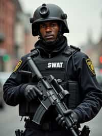 man as a SWAT Officer. wearing black swat vest, swat helmet, holding pdw