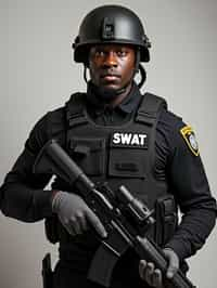 man as a SWAT Officer. wearing black swat vest, swat helmet, holding pdw