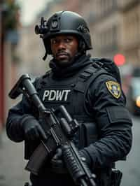 man as a SWAT Officer. wearing black swat vest, swat helmet, holding pdw