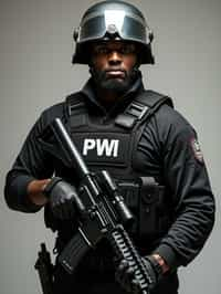 man as a SWAT Officer. wearing black swat vest, swat helmet, holding pdw