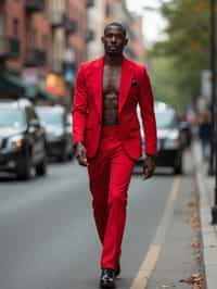 man in red tuxedo  showing cleavage walking on the curb in black shoes