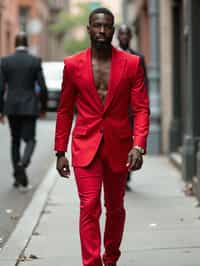 man in red tuxedo  showing cleavage walking on the curb in black shoes