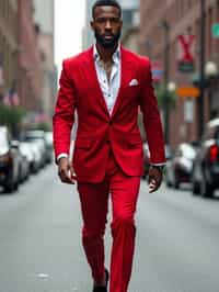 man in red tuxedo  showing cleavage walking on the curb in black shoes