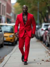 man in red tuxedo  showing cleavage walking on the curb in black shoes