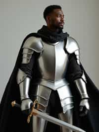 happy man as a Medieval Knight in silver armor, wearing a black elegant cape flowing in the wind, the knight holds a sword in one hand