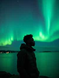 man at night at the Northern Lights Aurora Borealis