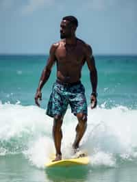 man as a Professional Surfer wearing swimwear on a Surf Board surfing in the ocean